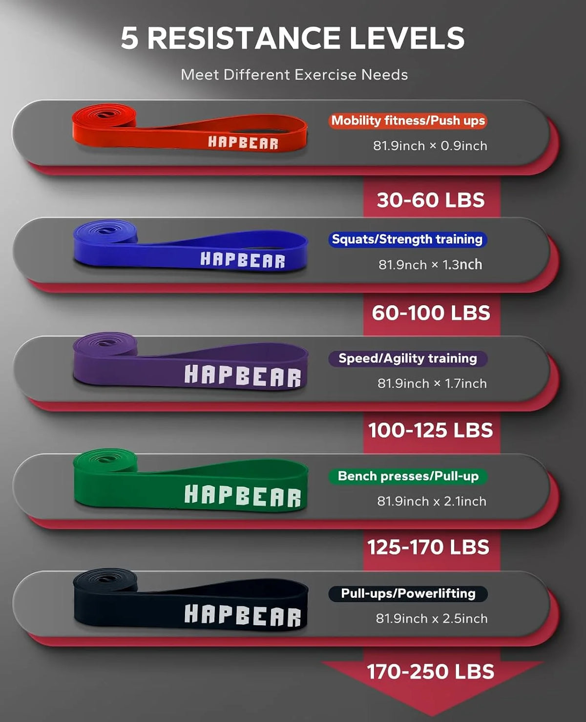 HAPBEAR Pull Up Assistance Bands Set of 5, Heavy Duty TPE Resistance Bands 5-125LBS, Anti-Snap Non-Slip Odorless Workout Bands for Pull Ups, Squat, Bench Press, Shoulder Press, Full Body Muscle Training, Home Gym Outdoor Fitn
