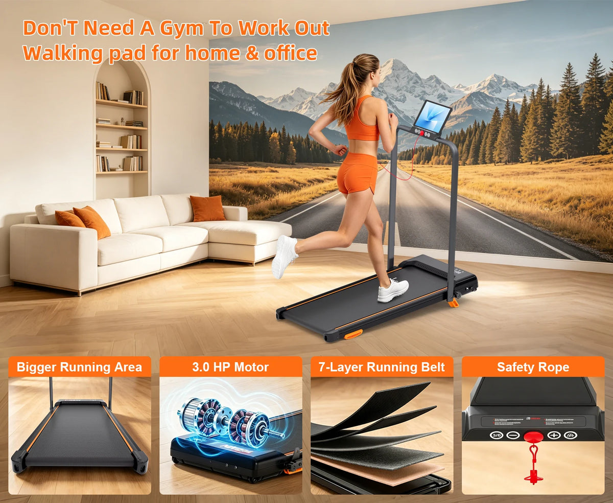 Household Indoor Running Walking Treadmill Machine, Foldable Handrail Home Fitness Equipment, 3.0 HP Peak Power Treadmill with Manual 10% Incline Setting, Quiet Operation for Apartment Home Workout, Holds up to 330 LBS