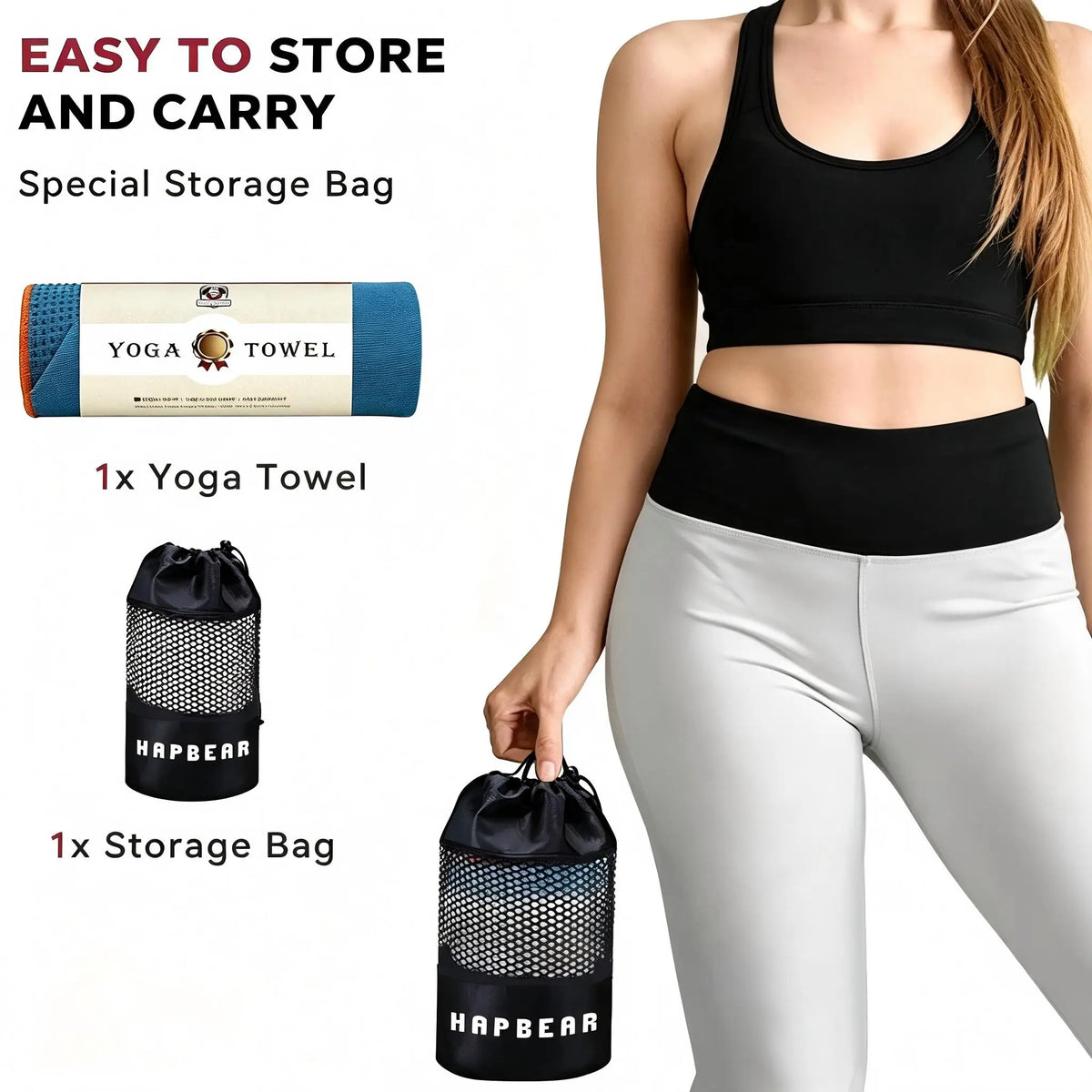 HAPBEAR Non Slip Yoga Mat Towel with Grip Dots & Corner Pockets, 72" x 24" Hot Yoga Towel - Super Absorbent Quick Dry Microfiber Yoga Towel for Hot Yoga, Bikram, Pilates and Gym Workout