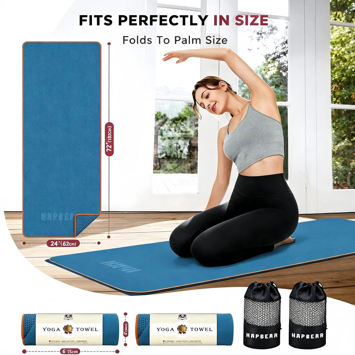 HAPBEAR Non Slip Yoga Mat Towel with Grip Dots & Corner Pockets, 72" x 24" Hot Yoga Towel - Super Absorbent Quick Dry Microfiber Yoga Towel for Hot Yoga, Bikram, Pilates and Gym Workout