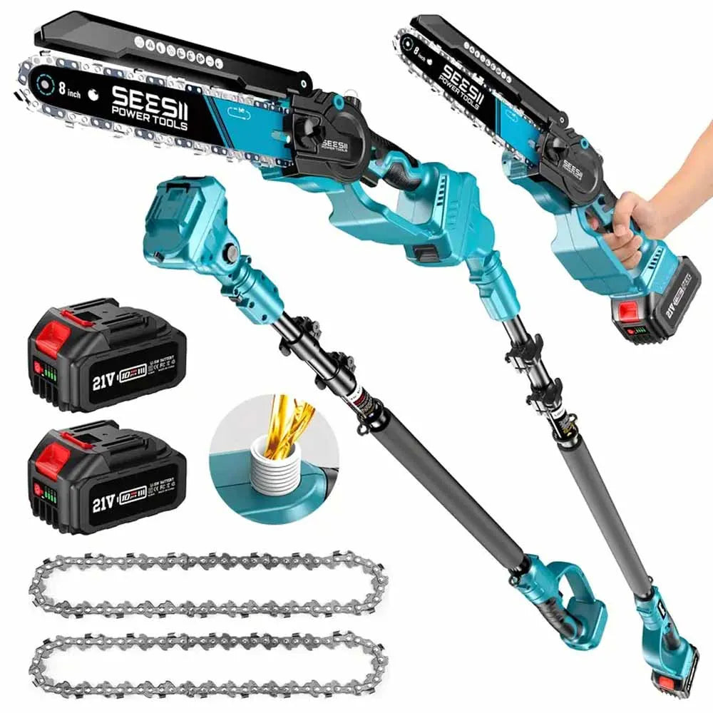 Seesii 2 in 1 Cordless 6" 8'' Pole Saw Mini Chainsaw Power Electric Polesaw Chain Saw with Extension Pole for Tree Trimming