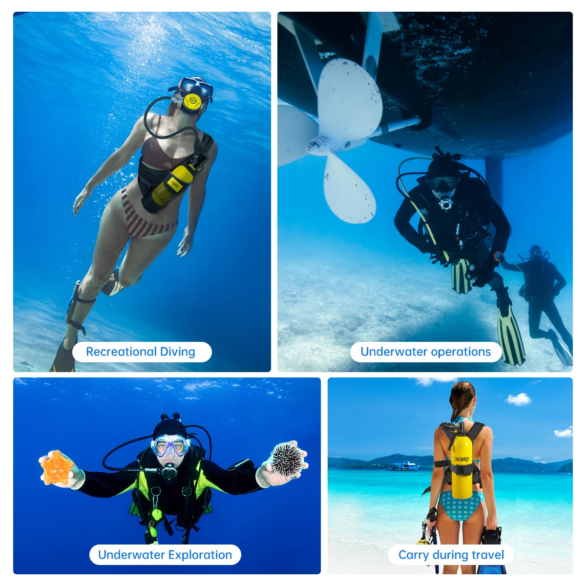 DIDEEP 4L Mini Scuba Diving Tank Set, Up to 40-60Mins Underwater Diving Time, Easy to Use Lung Bottle. Portable Diving Cylinder,Summer Diving for Cooling off ,Suitable for Outdoor Activities and Travel
