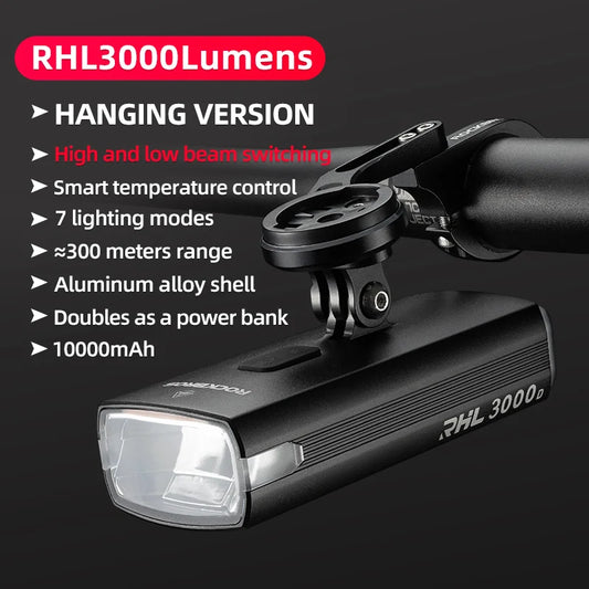 ROCKBROS 3000LM Bike Light 10000mAH Flashlight High-Low Beam Bicycle Front Light Powerbank Waterproof MTB Road Cycling Headlight