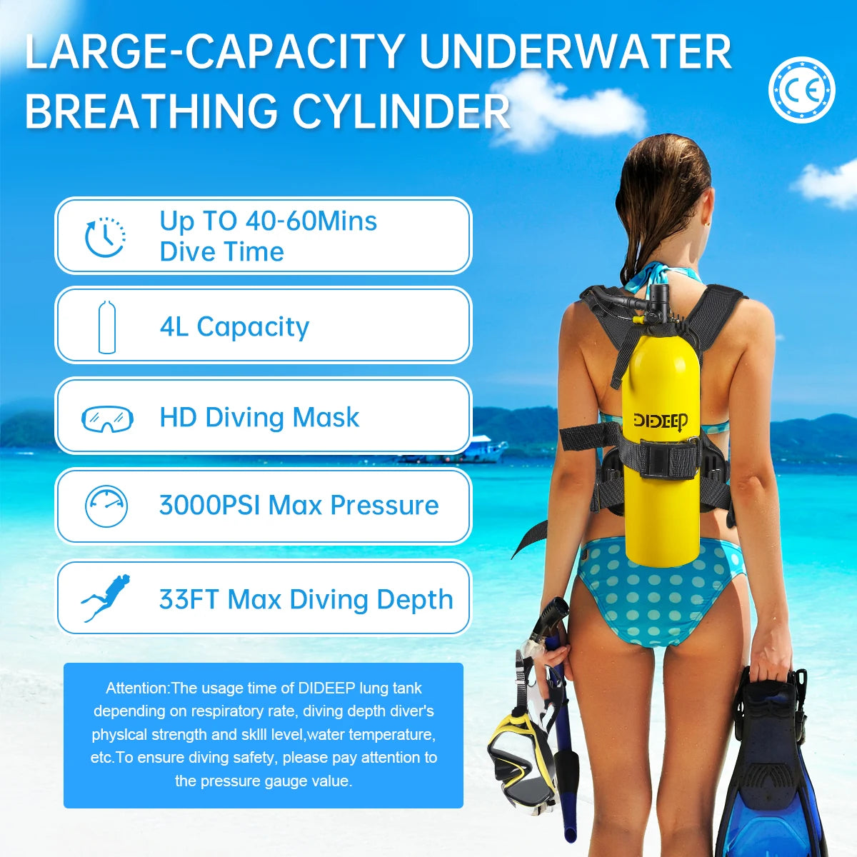 DIDEEP 4L Mini Scuba Diving Tank Set, Up to 40-60Mins Underwater Diving Time, Easy to Use Lung Bottle. Portable Diving Cylinder,Summer Diving for Cooling off ,Suitable for Outdoor Activities and Travel
