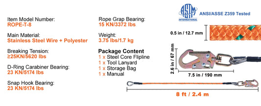 SucceBuy Steel Wire Core Flip Line Kit 25 KN Breaking Tension Solid Snap Hooks & Rope Grap for Arborists Tree Climbers Outdoors