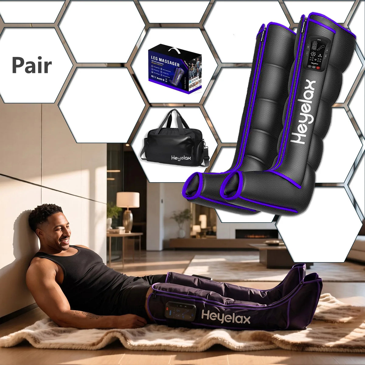 Leg Compression Massager for Circulation and Pain Relief,Air Compression Boots Sleeve for Fast Recovery,Cordless Leg Massager for Muscle Relaxation- for Athletes, Runners, Gym (Pair)