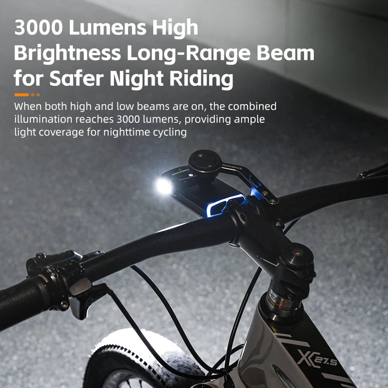ROCKBROS 3000LM Bike Light 10000mAH Flashlight High-Low Beam Bicycle Front Light Powerbank Waterproof MTB Road Cycling Headlight