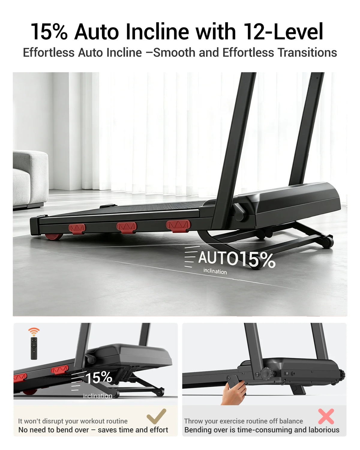 ROBORE  X9F 15% Auto Incline Treadmill, 7.5 MPH Folding Walking Pad with Safety Handle, Quiet Powerful Motor, 12 Speed Levels, 6-Layer Shock Absorption, LED Display Under Desk Treadmill for Home Workout, Walking, Jogging & Ru