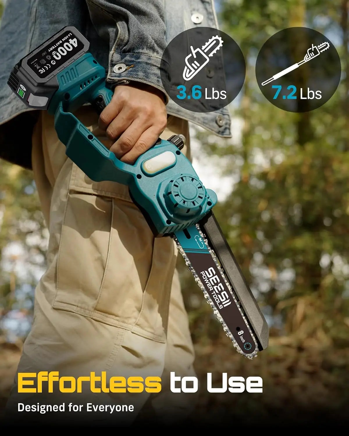 SEESII Polesaw High Branch Saw Cordless 8'' Electric Chainsaw with 3M Extension Pole for Tree Trimming Limb Cutter Pruner