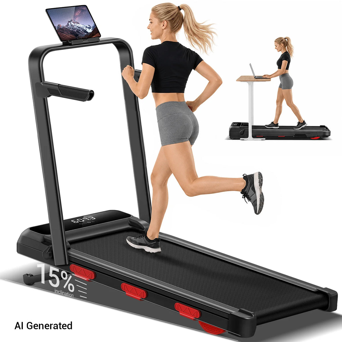 ROBORE  X9F 15% Auto Incline Treadmill, 7.5 MPH Folding Walking Pad with Safety Handle, Quiet Powerful Motor, 12 Speed Levels, 6-Layer Shock Absorption, LED Display Under Desk Treadmill for Home Workout, Walking, Jogging & Ru