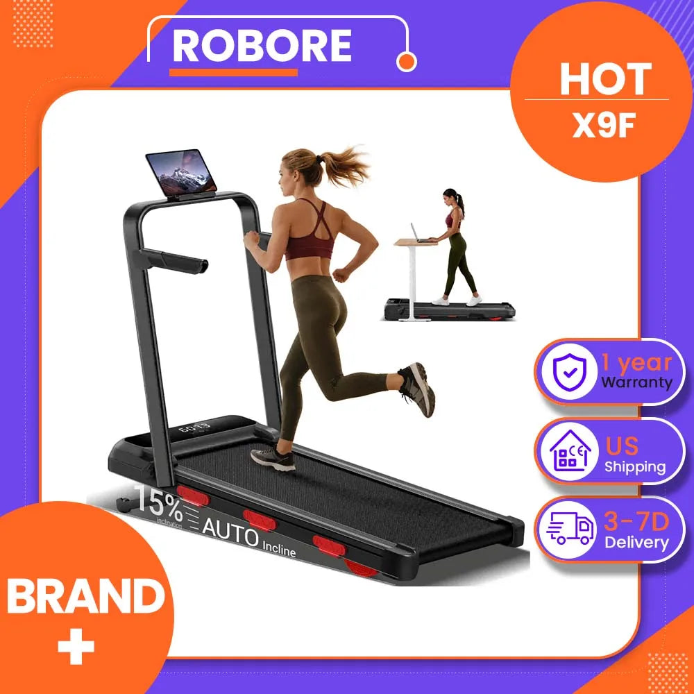 ROBORE  X9F 15% Auto Incline Treadmill, 7.5 MPH Folding Walking Pad with Safety Handle, Quiet Powerful Motor, 12 Speed Levels, 6-Layer Shock Absorption, LED Display Under Desk Treadmill for Home Workout, Walking, Jogging & Ru