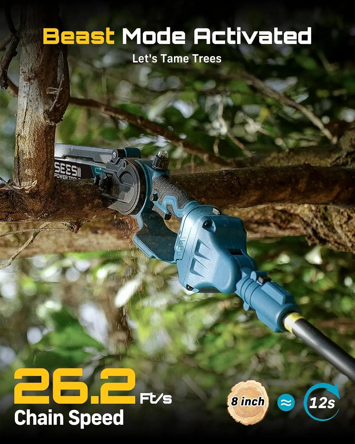 SEESII Polesaw High Branch Saw Cordless 8'' Electric Chainsaw with 3M Extension Pole for Tree Trimming Limb Cutter Pruner