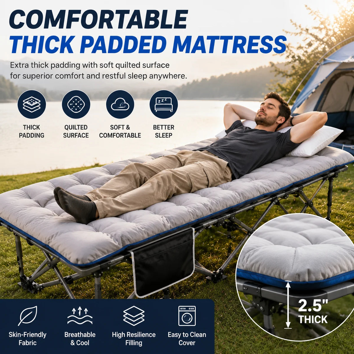 Portable Folding Camping Cot With Thick Padded Mattress For Comfortable Rest