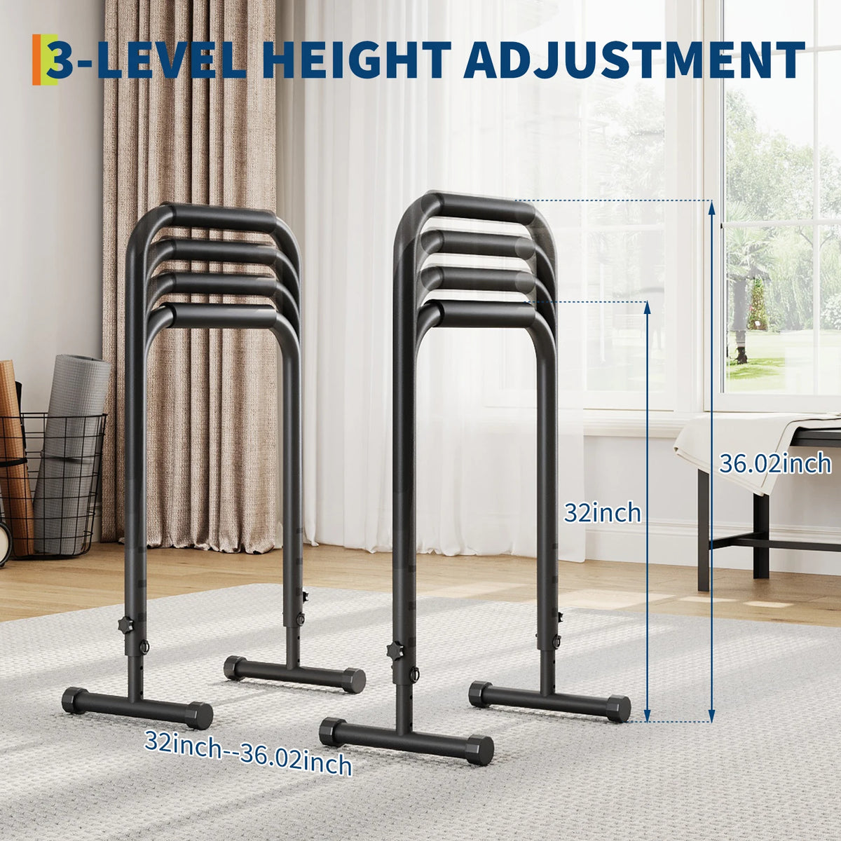 Adjustable Dip Bars with 3 Level Height 32 to 36 inch, 440 lbs Heavy Duty Steel Parallel Push Up Stand, Portable Calisthenics Station for Home Gym Strength Training