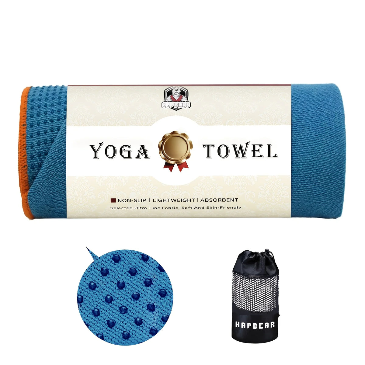 HAPBEAR Non Slip Yoga Mat Towel with Grip Dots & Corner Pockets, 72" x 24" Hot Yoga Towel - Super Absorbent Quick Dry Microfiber Yoga Towel for Hot Yoga, Bikram, Pilates and Gym Workout