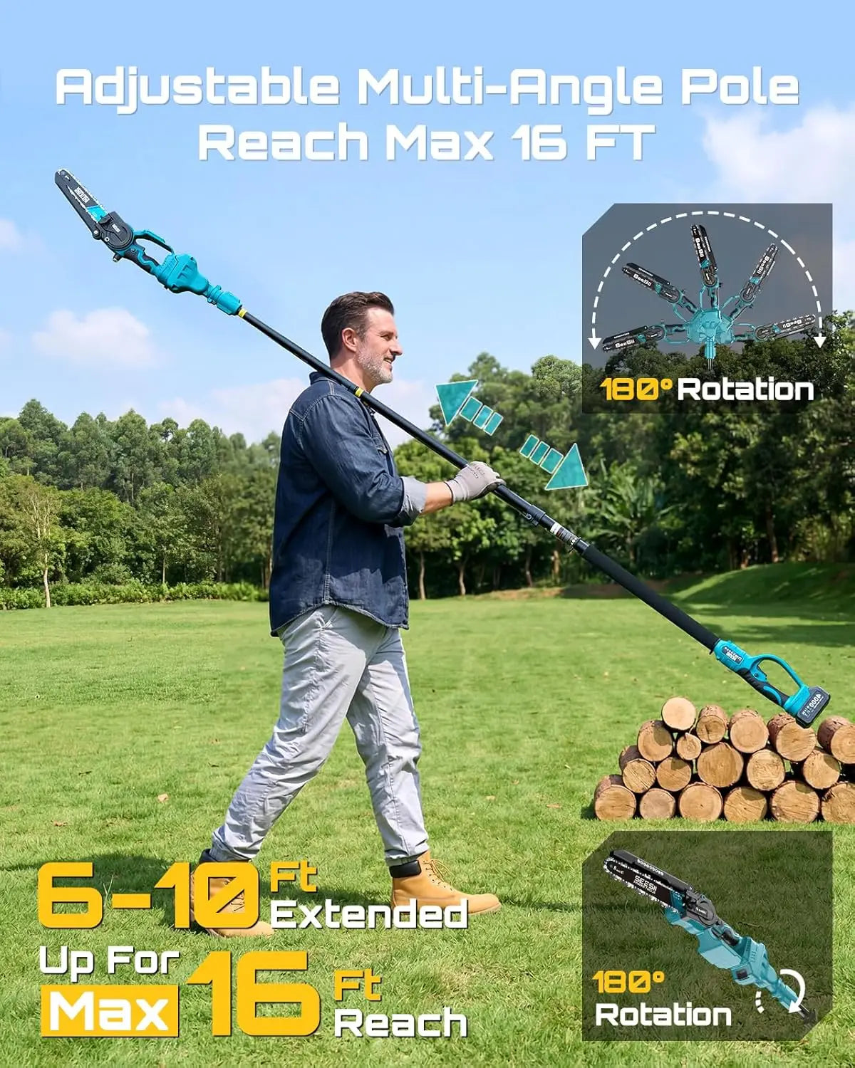 SEESII Polesaw High Branch Saw Cordless 8'' Electric Chainsaw with 3M Extension Pole for Tree Trimming Limb Cutter Pruner
