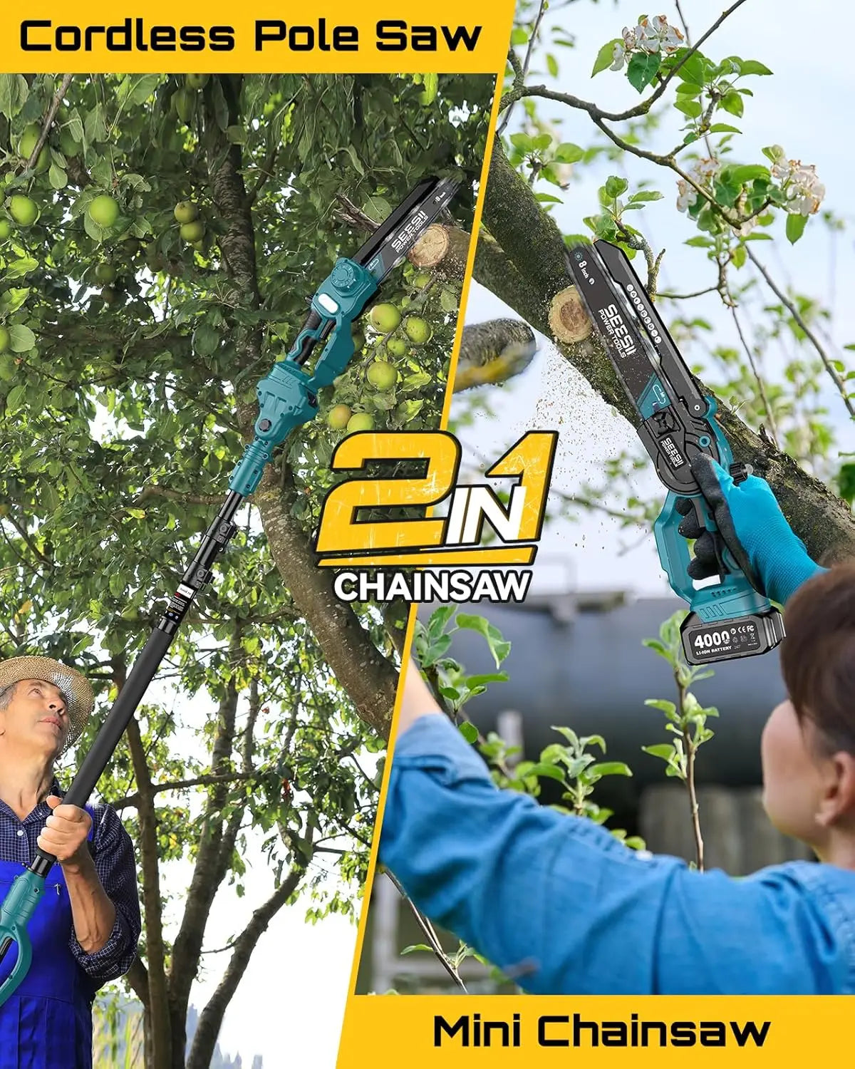 SEESII Polesaw High Branch Saw Cordless 8'' Electric Chainsaw with 3M Extension Pole for Tree Trimming Limb Cutter Pruner