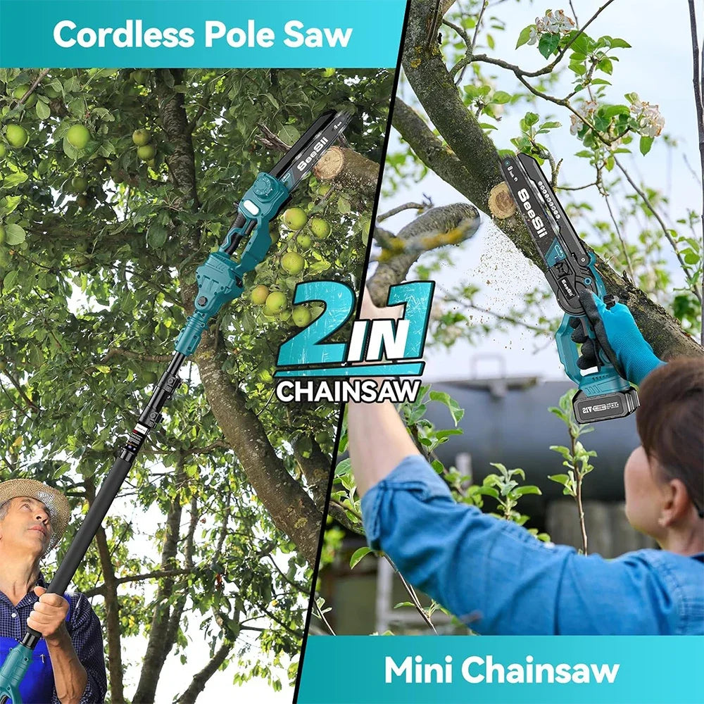 Seesii 2 in 1 Cordless 6" 8'' Pole Saw Mini Chainsaw Power Electric Polesaw Chain Saw with Extension Pole for Tree Trimming