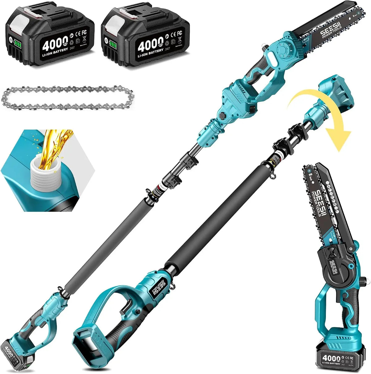 SEESII Polesaw High Branch Saw Cordless 8'' Electric Chainsaw with 3M Extension Pole for Tree Trimming Limb Cutter Pruner