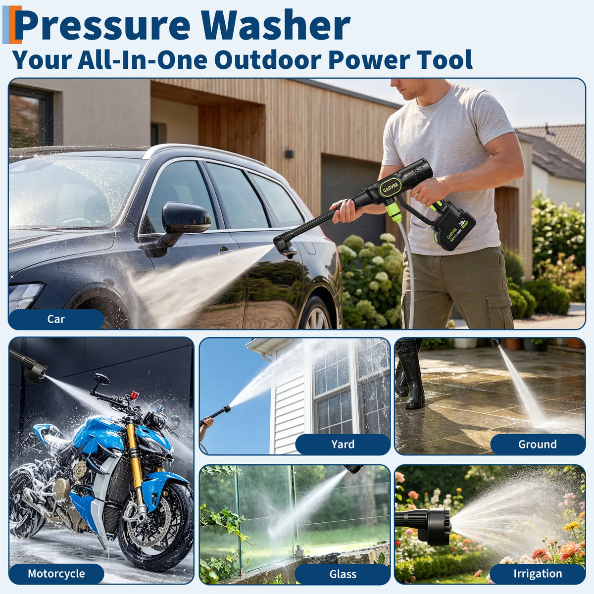 Cordless Pressure Washer, 320 PSI 20V Brushless Battery Powered Portable Handheld Washer, 6-in-1 Nozzle & Foam Cannon, 26ft Hose,Rechargeable Compact Power Washer for Car, Patio, Fence Wall Clean