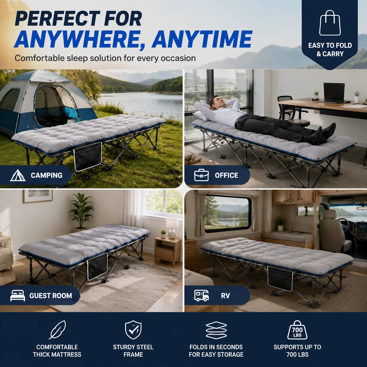 Portable Folding Camping Cot With Thick Padded Mattress For Comfortable Rest