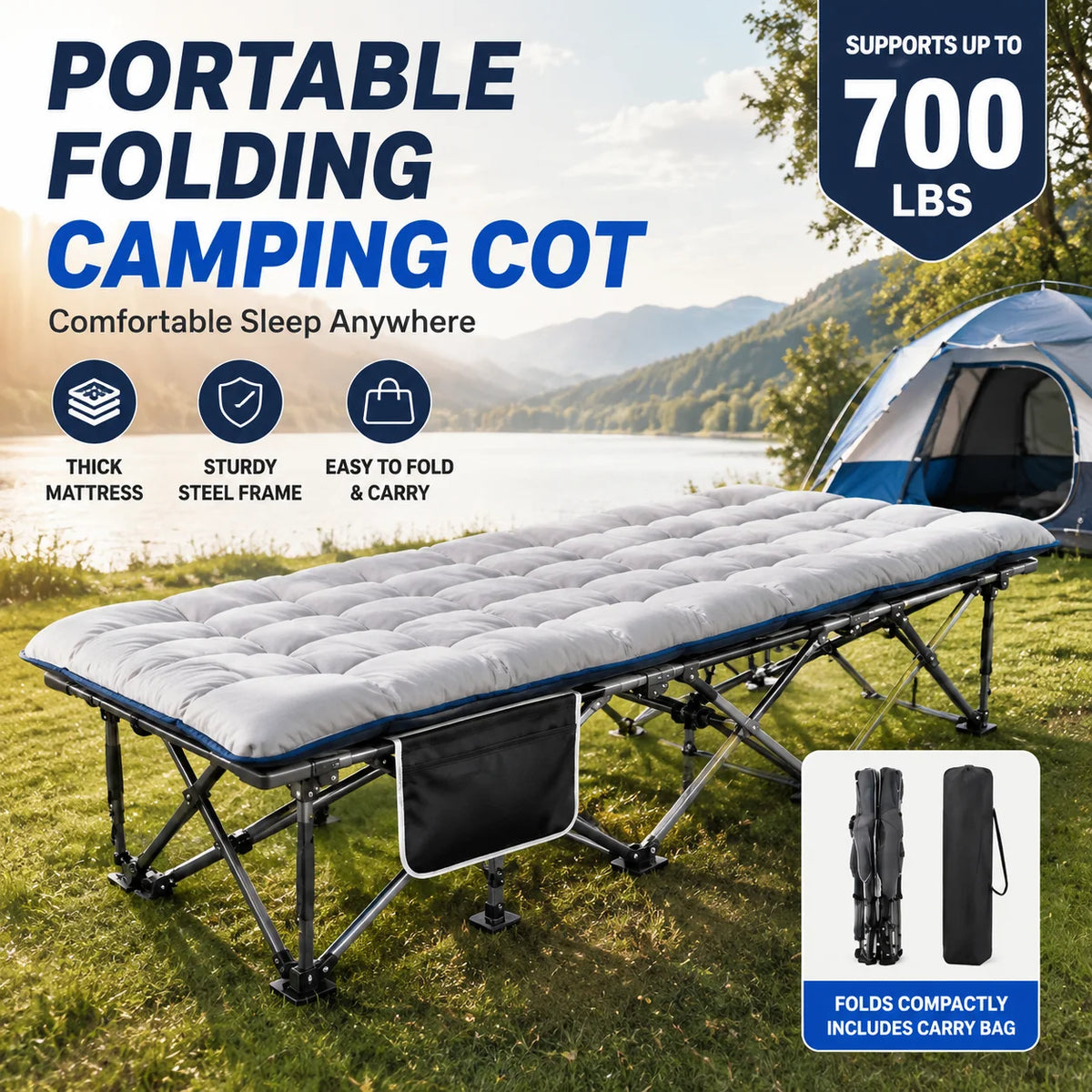 Portable Folding Camping Cot With Thick Padded Mattress For Comfortable Rest