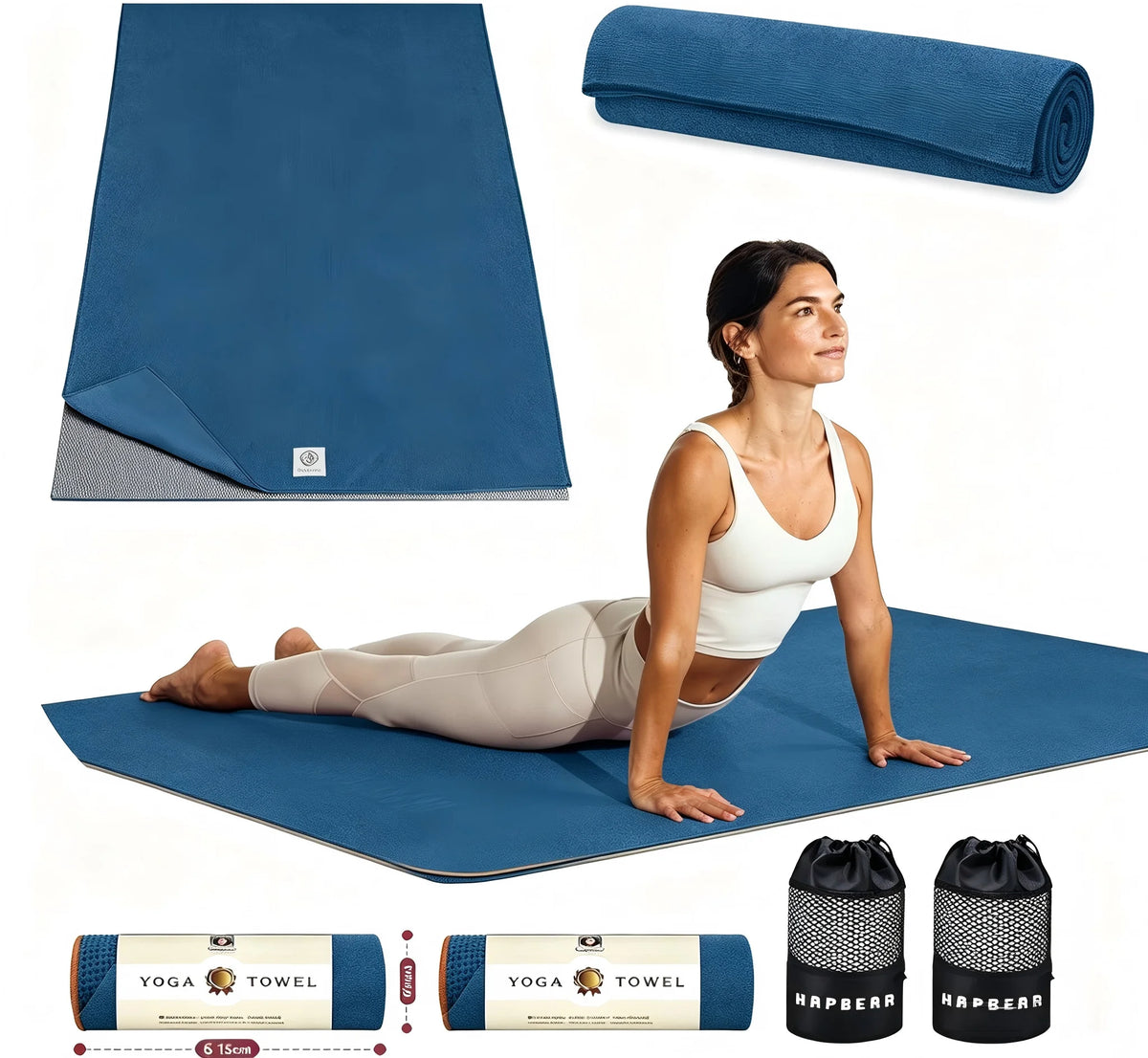 HAPBEAR Non Slip Yoga Mat Towel with Grip Dots & Corner Pockets, 72" x 24" Hot Yoga Towel - Super Absorbent Quick Dry Microfiber Yoga Towel for Hot Yoga, Bikram, Pilates and Gym Workout