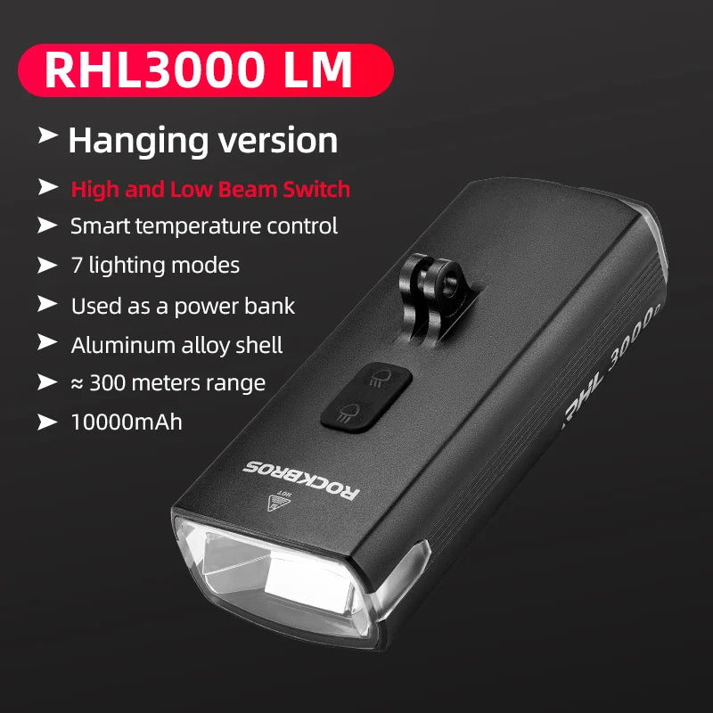 ROCKBROS 3000LM Bike Light 10000mAH Flashlight High-Low Beam Bicycle Front Light Powerbank Waterproof MTB Road Cycling Headlight
