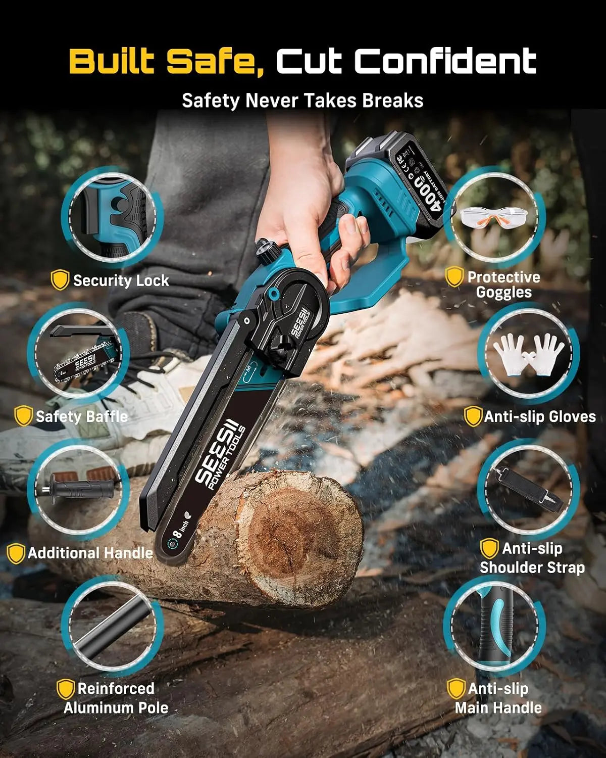 SEESII Polesaw High Branch Saw Cordless 8'' Electric Chainsaw with 3M Extension Pole for Tree Trimming Limb Cutter Pruner